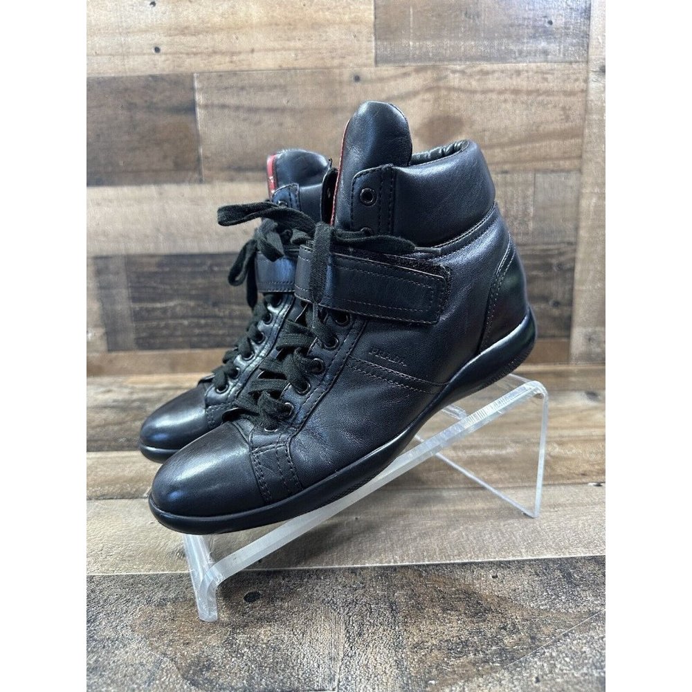 PRADA High-Top Black Soft Leather Sneakers Men’s FR Size 40 USA Size 7.5
